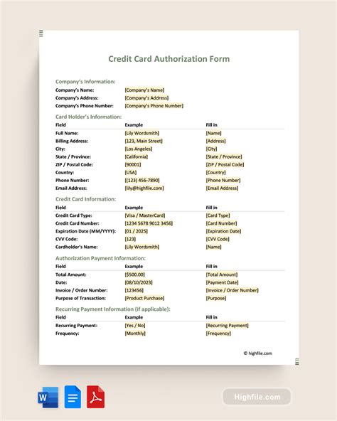 Credit Card Authorization Form - Word | PDF | Google Docs - Highfile