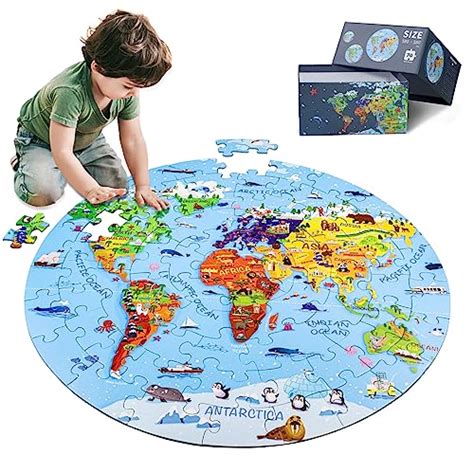 DIGOBAY World Map Jigsaw Puzzle for Kids 4-8, 70 Piece Globe Large Round Floor Puzzles for Kids ...