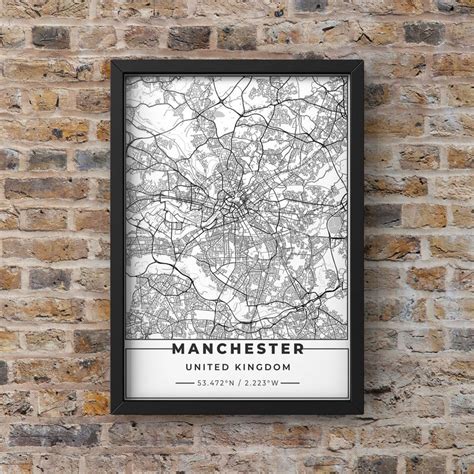 White Manchester Road Map with Coordinates Print Photo – HD Manchester