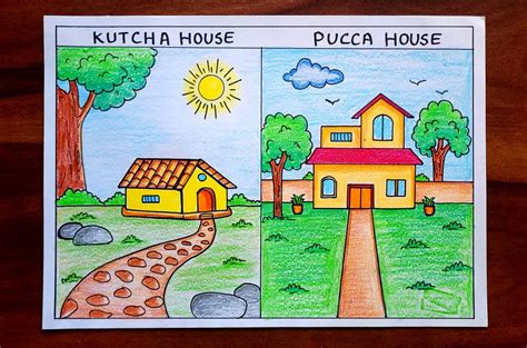 Kutcha House and Pucca House drawing Easy for kids | House Scenery ...