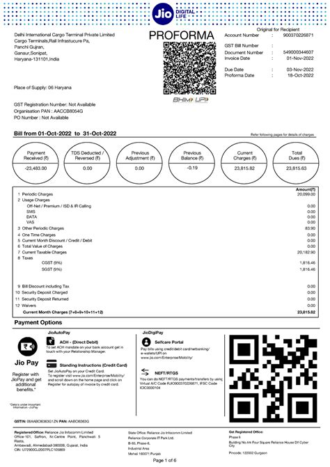 Jio Billing format - Account Number Invoice Date Document Number Organisation PAN : AACCB8054G ...