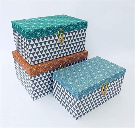 Homes on Trend Set of 3 Storage Craft Boxes & Lids Retro Cardboard Geometric Design Office Tidy ...