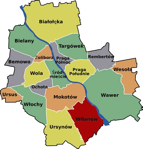 Map of Warsaw 18 districts (dzielnica) & neighborhoods