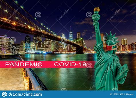 New York City Skyline with Brooklyn Bridge with USA Quarantine Pandemic with Coronavirus COVID ...