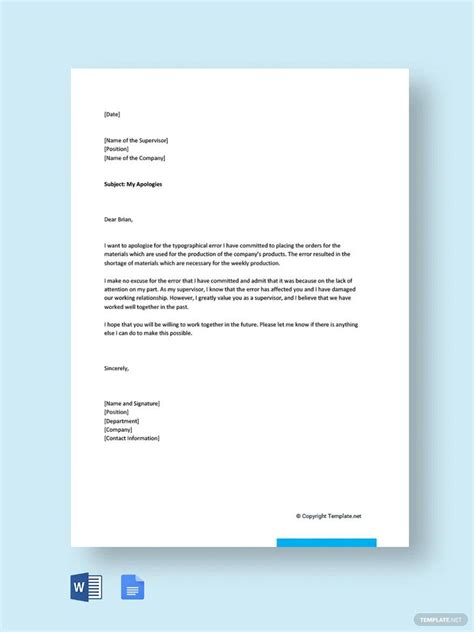 Apology Letter for Mistake in Work Template in Word, Google Docs, Pages, PDF - Download ...