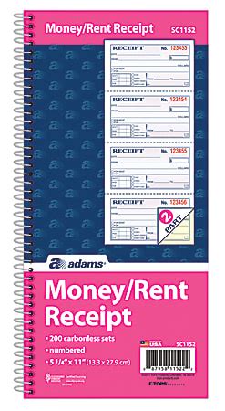 Adams Carbonless 2 Part Spiral MoneyRent Receipt Book 11 x 5 14 Book Of ...