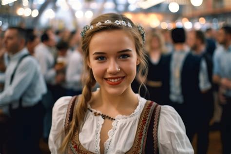 Premium AI Image | Portrait of a smiling young woman in a traditional Bavarian costume Party at ...