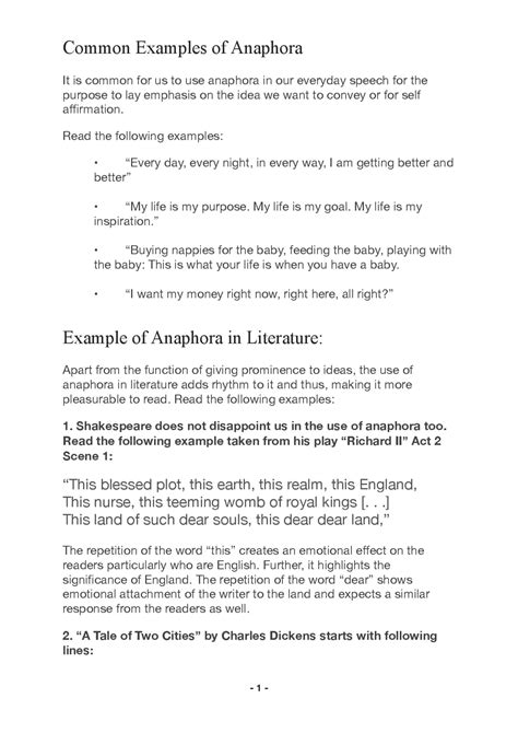 Common Examples of Anaphora | Summaries Literature | Docsity