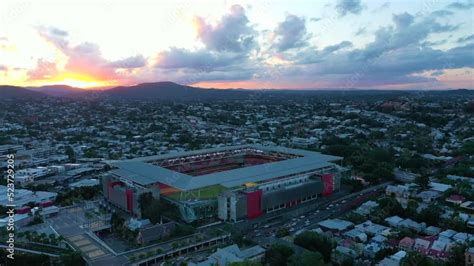 Aerial footage flying around Brisbane's Suncorp Stadium, with City and ...