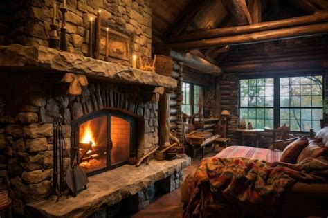 Premium AI Image | Rustic stone fireplace in a log cabin created with generative ai