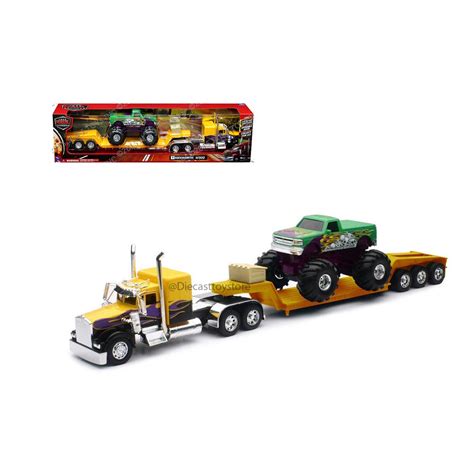 NEWRAY 1:32 LONG HAUL TRUCKER KENWORTH W900 LOWBOY WITHMONSTER TRUCK SS ...