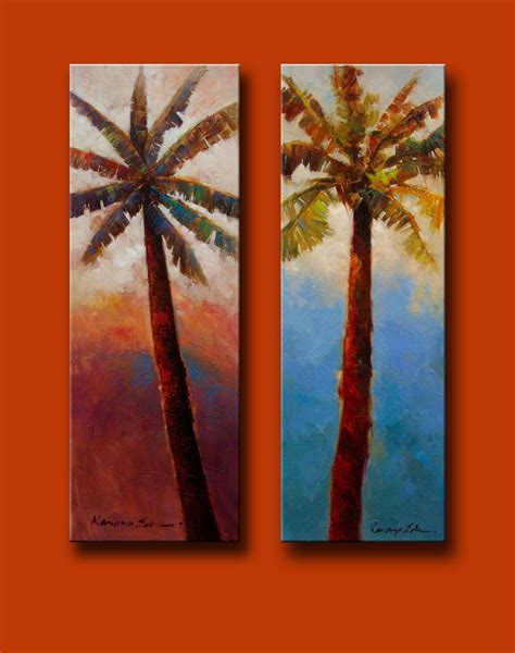 Pair of Original Canvas Palm Tree Paintings 14x40 each.