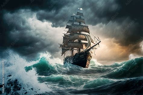 Pirate ship sailing at storm on the sea. Generative AI Stock Illustration | Adobe Stock