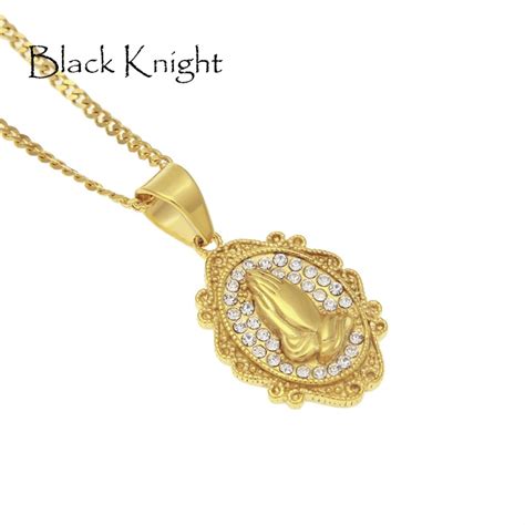 2018 S/S Rhinestones Praying hands pendant necklace Gold color ...