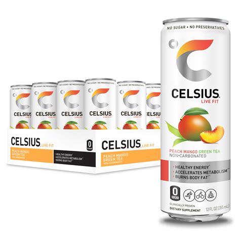 CELSIUS Peach Mango Green Tea Non-Carbonated Fitness Drink, Zero Sugar ...