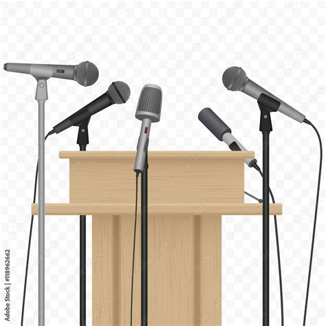 Press conference speaker podium tribune with microphones on the alpha background. Stock Vector ...