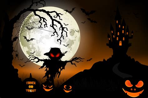 Halloween background with ghost, scary house and pumpkins on the full ...