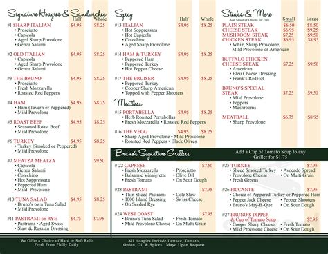 Bruno's menu in Lebanon, Pennsylvania, USA