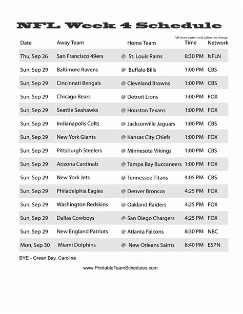 Espn Nfl Weekly Printable Schedules