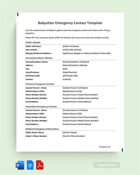 Babysitter Emergency Contact Template - Word | PDF | Google Docs - Highfile