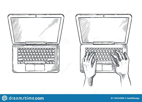 Human Hands on Laptop Keypad, Sketch Illustration. Freelance Job, Programming Concept. Stock ...