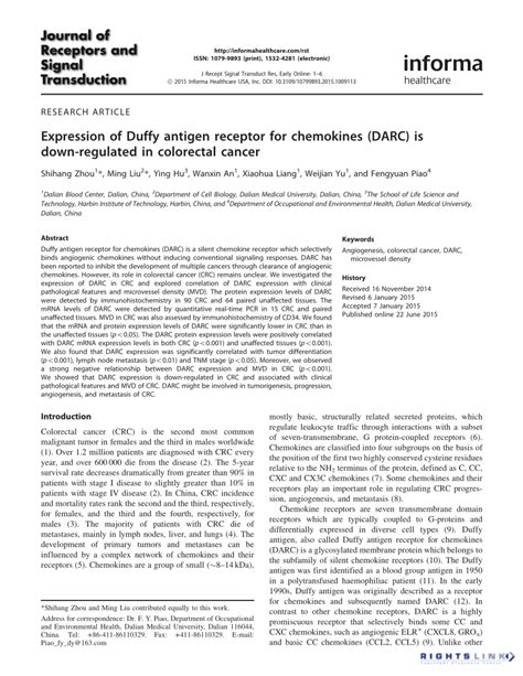 (PDF) Expression of Duffy antigen receptor for chemokines (DARC) is ...