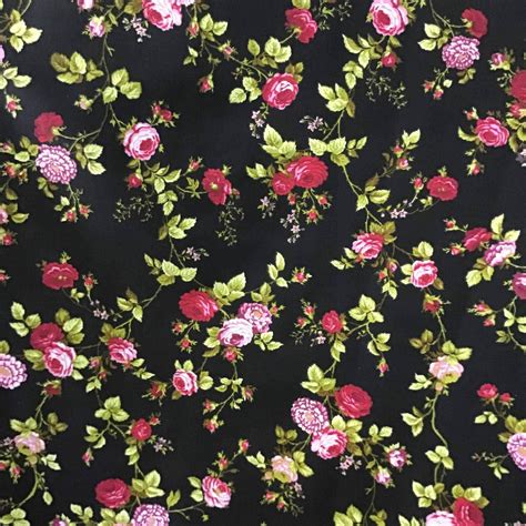 Floral Rose Red on Black Poly Cotton Fabric | iFabric