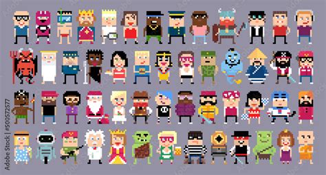 Set of cartoon pixel characters. Vector illustration in pixel art 8-bit ...