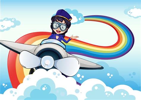 Una piloto mujer conduciendo el avión y un arco iris en el cielo ...