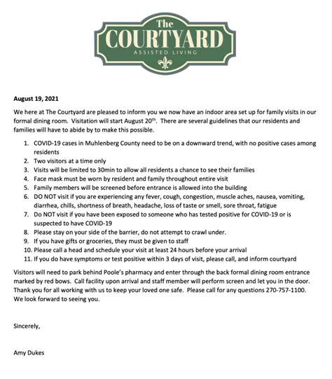 Indoor Visitation Guidelines – The Courtyard | Where your comfort is top priority!