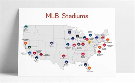 MLB Stadiums Map Print Major League Baseball Stadiums US Map Poster ...