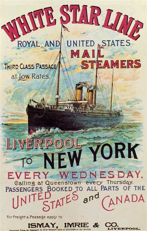 A colourful White Star Line travel poster advertising steamship services between Liverpool and ...