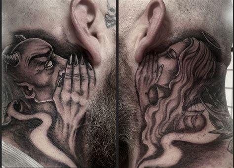 Devil and angel whispering in ear tattoo | Good and evil tattoos, Neck tattoo for guys, Evil tattoos