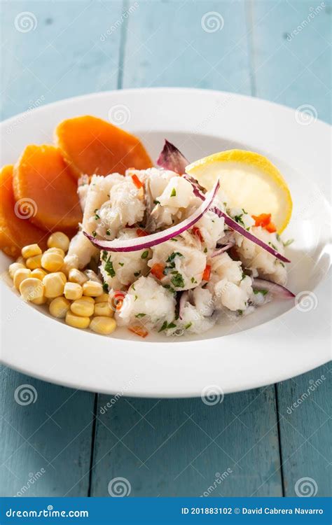 Traditional Peruvian Ceviche with Fish, Sweet Potato, Corn and ...