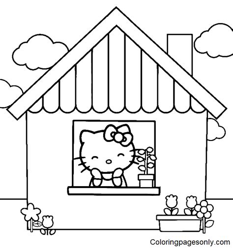 Hello Kitty with House Coloring Page - Free Printable Coloring Pages