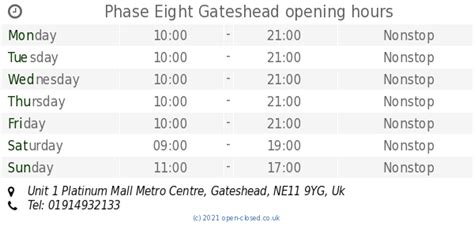 Phase Eight Gateshead opening times, Unit 1 Platinum Mall Metro Centre