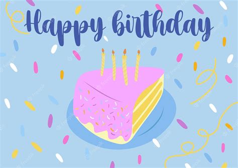 Premium Vector | Flat lay vector template - happy birthday in english with a piece of cake over ...