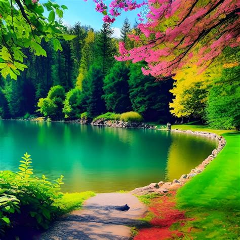 Premium AI Image | A lake with a green lake and a path that leads to a green forest.