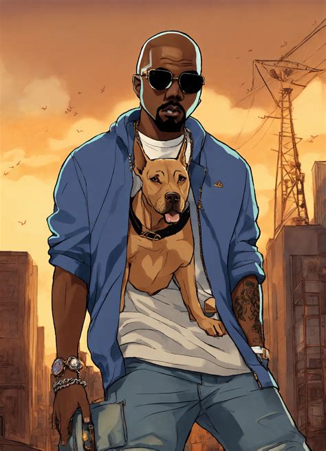 Lexica - Hip hop art style Kanye West boondocks with pit bull full body