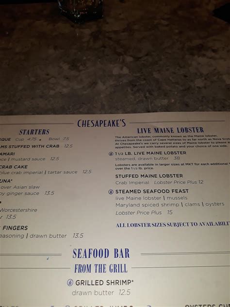 Menu at Chesapeake's Seafood and Raw Bar, Gatlinburg