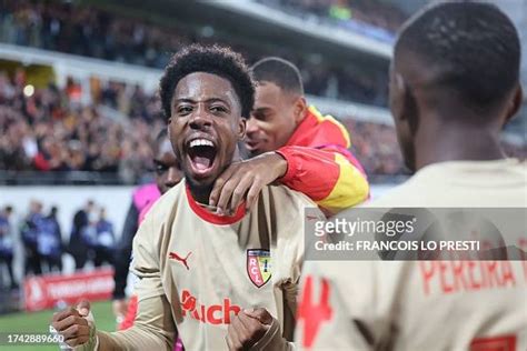 Lens' French forward Elye Wahi celebrates after scoring his team's... News Photo - Getty Images