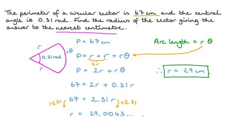 Question Video: Finding the Radius of a Circular Sector given Its Perimeter and Central Angle in ...