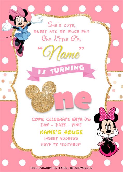 Gold Glitter Minnie Mouse Birthday Invitation Templates - Editable .Docx