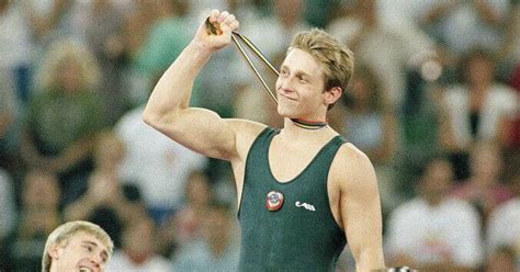 1992: Vitaly Scherbo wins gold medals in vault, rings, pommel horse and parallel bars ...