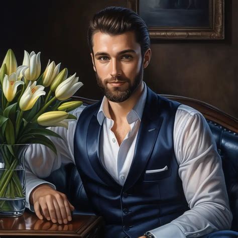 Confident Young Man in Midnight Blue Tuxedo on Leather Couch | MUSE AI