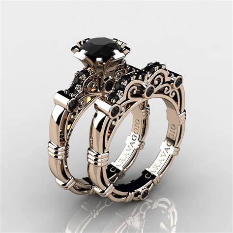 Art Masters Caravaggio 14K Rose Gold 1.0 Ct Black Diamond Engagement Ring Wedding Band Set R623S ...