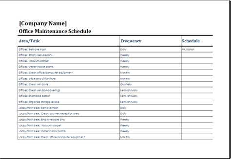 Maintenance Planner Maintenance Schedule Template Excel