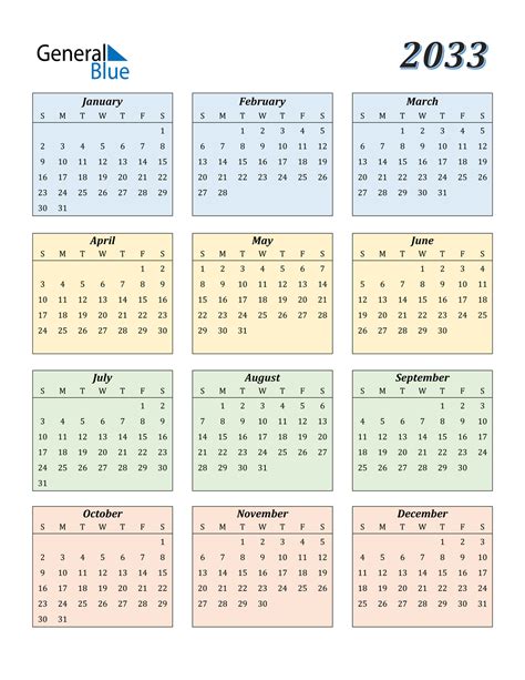 2033 Calendar (PDF, Word, Excel)