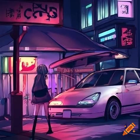 Tokyo night car wallpaper with anime girl on Craiyon