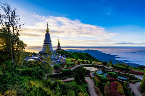 Sunrise scence of two pagoda on the top of Inthanon mountain in doi ...